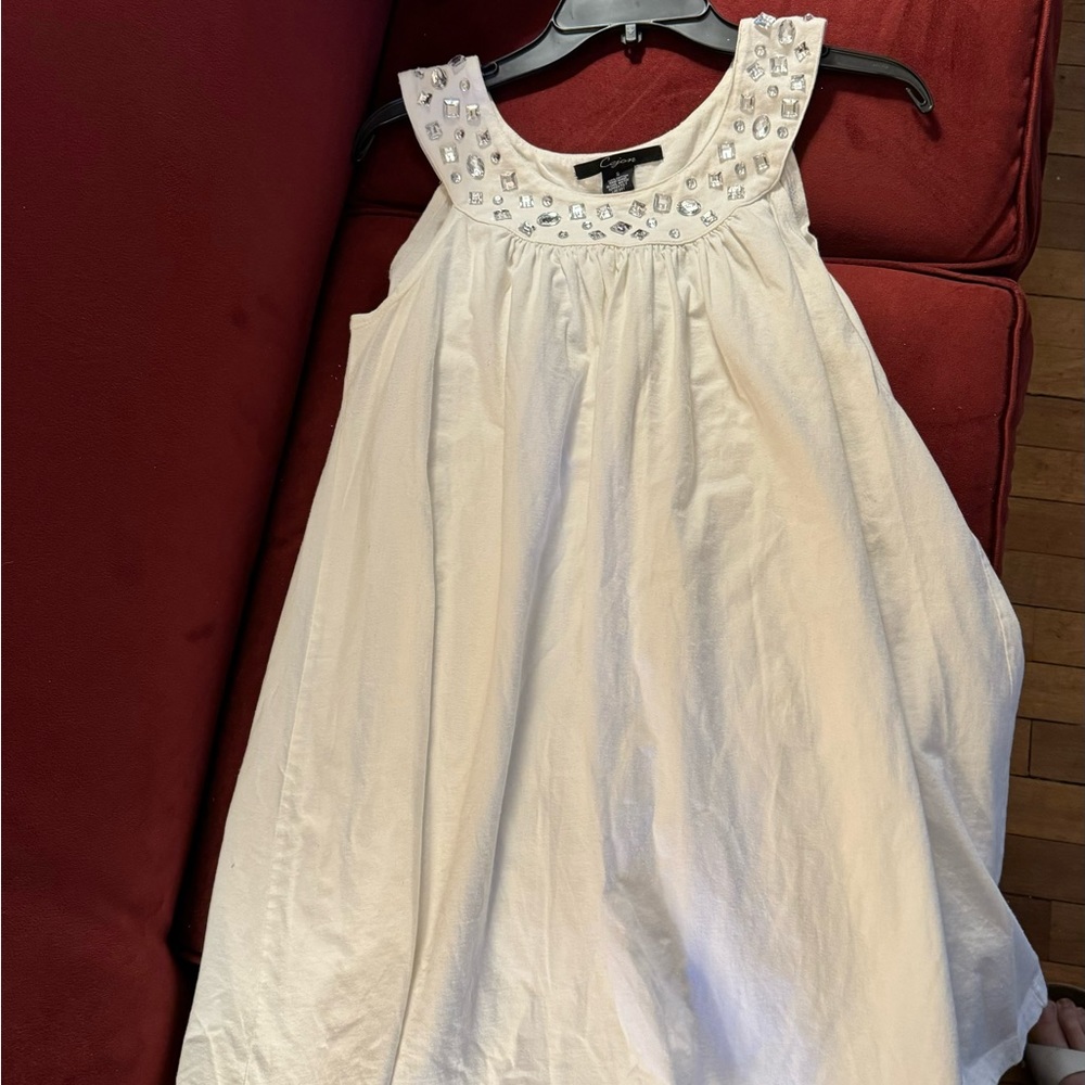 White cotton sleeveless tunic top Cejon crystal embellished size S-M